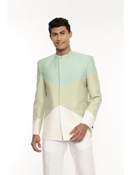 MAYANK MODI - Blue Cotton Silk Tri Colorblock Bandhgala