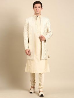 MAYANK MODI - Offwhite Chanderi Silk Long Open Jacket