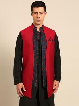 MAYANK MODI - Red Prt Silk Chanderi Long Open Jacket