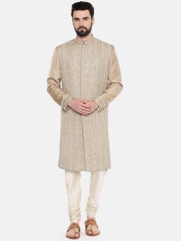 MAYANK MODI - Beige Embroidered Sherwani with Pyjama