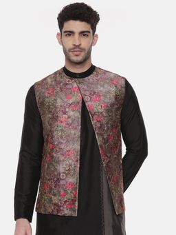 MAYANK MODI - Rust Printed Open Silk Jacket
