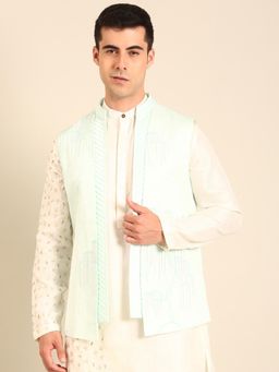 MAYANK MODI - Blue Bembroideryerg Silk Short Open Jacket