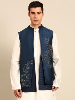 MAYANK MODI - Blue Bembroideryerg Silk Short Open Jacket