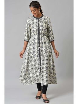 Aurelia - Grey Asymmetrical Colour Blocked Checks Kurta