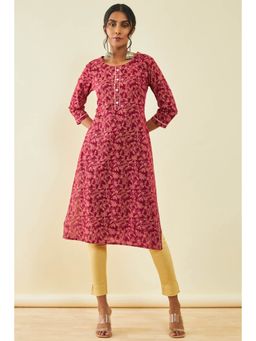 Soch - Womens Fuchsia Pink Cotton Floral Print Kurta with Gotta Patti