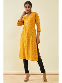Soch - Womens Mustard Cotton Floral Print Kurta with Gotta Patti