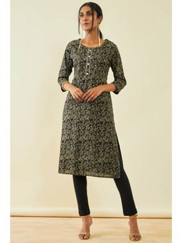 Soch - Womens Black Cotton Floral Print Kurta with Gotta Patti