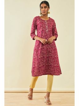 Soch - Womens Wine Cotton Floral Print Kurta with Gotta Patti