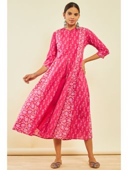 Soch - Womens Pink Cotton Floral Print Midi Dress with Gotta Patti