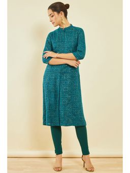 Soch - Womens Teal Green Rayon Foil Print Kurta