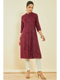 Soch - Womens Wine Rayon Foil Print Kurta