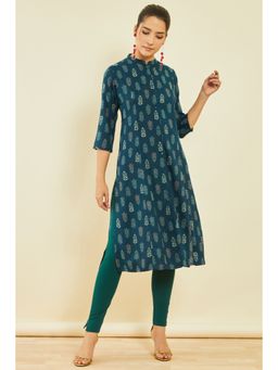 Soch - Womens Teal Green Rayon Foil Print Kurta