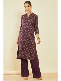 Soch - Womens Wine Rayon Foil Print Kurta