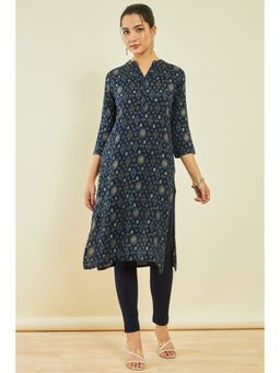 Soch - Womens Navy Blue Rayon Print Kurta