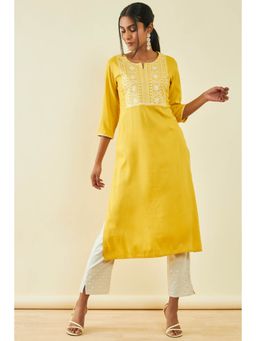 Soch - Womens Yellow Rayon Embroidered Kurta with Thread Work
