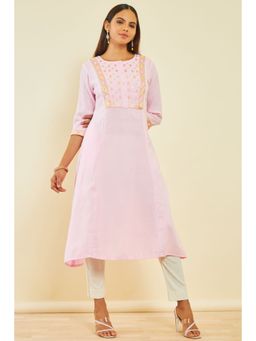 Soch - Womens Pink Cotton Embroidered Dress Kurta with Faux Mirror