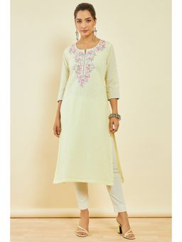 Soch - Womens Light Yellow Cotton Embroidered Kurta with Thread Work