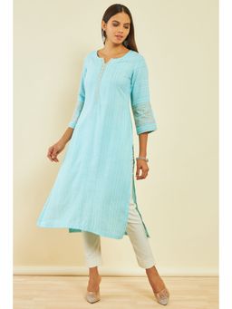Soch - Womens Turquoise Blue Rayon Slub Embroidered Kurta with Thread Work