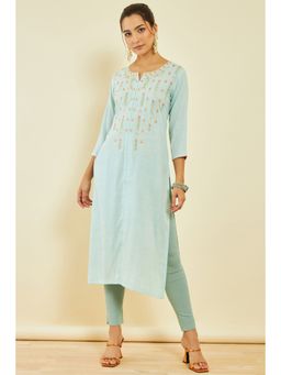 Soch - Womens Powder Blue Rayon Slub Embroidered Kurta with Thread Work