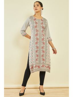 Soch - Womens Grey Rayon Floral Print Kurta with Beads