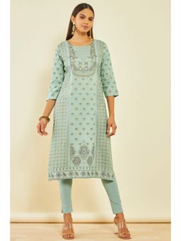 Soch - Womens Sap Green Rayon Foil Print Kurta with Beads