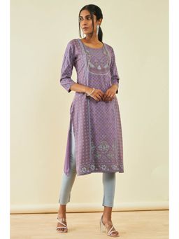 Soch - Womens Sap Purple Rayon Foil Print Kurta with Beads