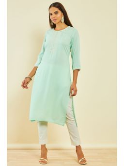 Soch - Womens Sap Green Rayon Embroidered Kurta with Mirror