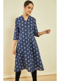 Soch - Womens Navy Blue Cotton Slub Bandhani Print Kurta