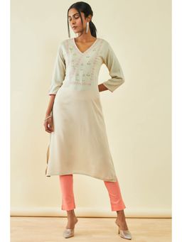 Soch - Womens Beige Rayon Slub Embroidered Kurta with Zari Embroidery