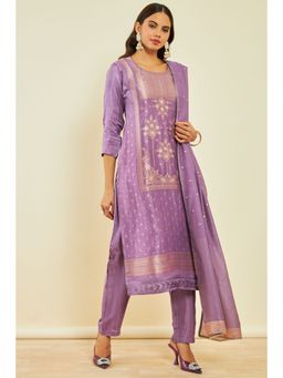 Soch - Womens Purple Silk Blend Woven Designs Suit with Beads (Set of 3)