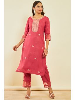 Soch - Womens Coral Rayon Embroidered Kurta with Sequins (Set of 2)