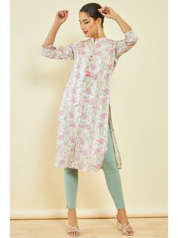 Soch - Womens Multi-color Muslin Floral Print Kurta with Tassels
