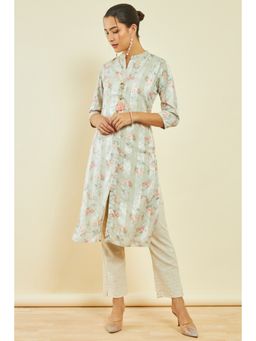 Soch - Womens Multi-color Muslin Floral Print Kurta with Tassels