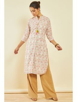 Soch - Womens Multi-color Muslin Floral Print Kurta with Tassels