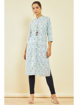 Soch - Womens Powder Blue Muslin Floral Print Kurta with Tassels
