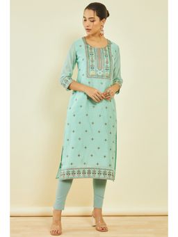 Soch - Womens Green Chanderi Embroidered Kurta with Sequins
