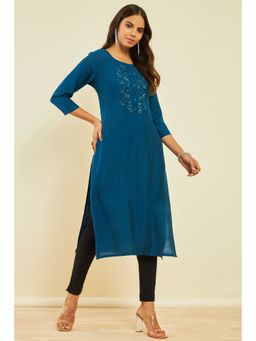 Soch - Womens Teal Viscose Blend Embellished Kurta with Cut Dana