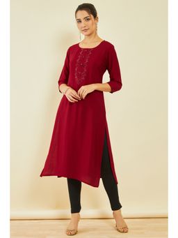 Soch - Womens Maroon Viscose Blend Embroidered Kurta with Cut Dana