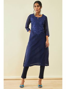 Soch - Womens Navy Blue Chanderi Embroidered Kurta with Thread Work
