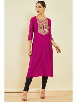 Soch - Womens Fuchsia Pink Chanderi Embroidered Kurta with Sequins