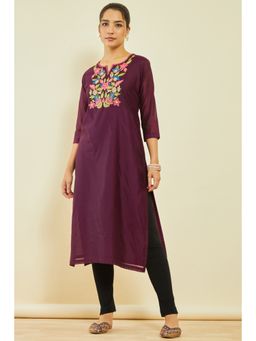 Soch - Womens Wine Chanderi Embroidered Kurta with Thread Work