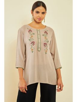 Soch - Womens Beige Crepe Embroidered Tunic with Thread Work