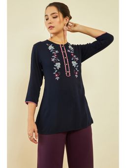 Soch - Womens Navy Blue Crepe Embroidered Tunic with Thread Work