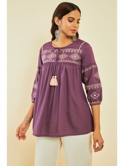 Soch - Womens Purple Rayon Embroidered Tunic with Thread Work
