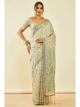 Soch - Womens Beige Pashmina Paisley Print Saree with Shawl and with Unstitched Blouse