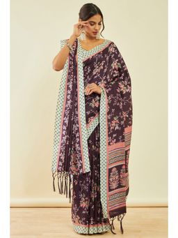 Soch - Womens Purple Pashmina Botanical Print Saree with Shawl and with Unstitched Blouse