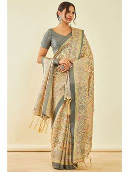 Soch - Womens Beige Pashmina Floral Print Saree with Shawl and with Unstitched Blouse
