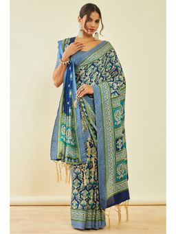Soch - Womens Navy Blue Pashmina Floral Print Saree with Shawl and with Unstitched Blouse