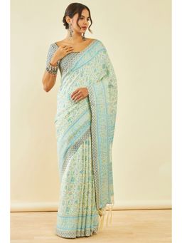 Soch - Womens Blue Pashmina Floral Print Saree with Shawl and with Unstitched Blouse