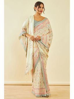 Soch - Womens Cream Pashmina Paisley Print Saree with Shawl and with Unstitched Blouse